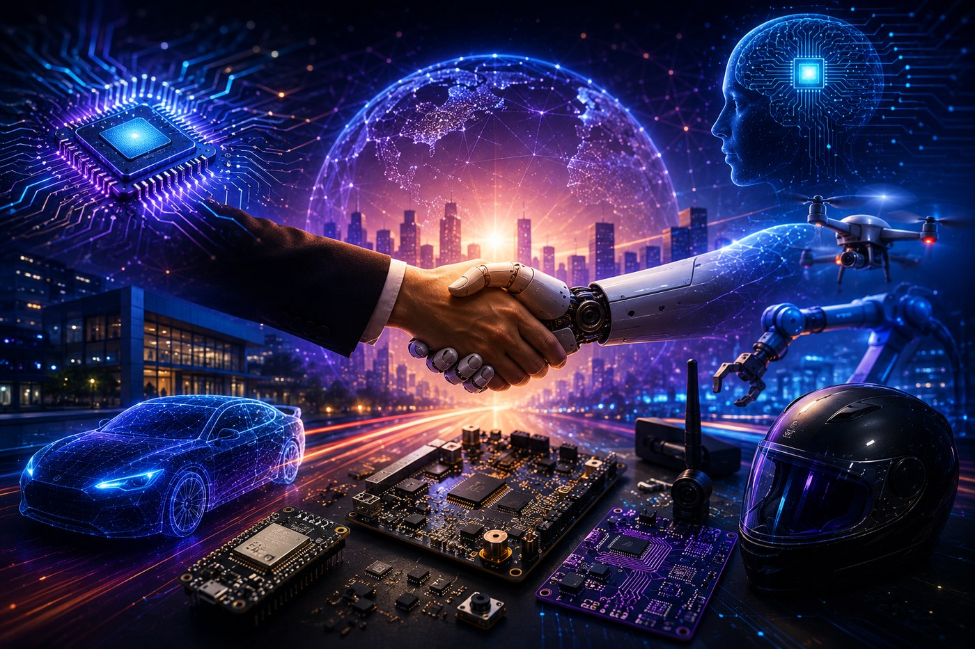 A human and a robotic hand shaking hands, surrounded by AI, IoT, embedded, and automation icons - human and machine working together