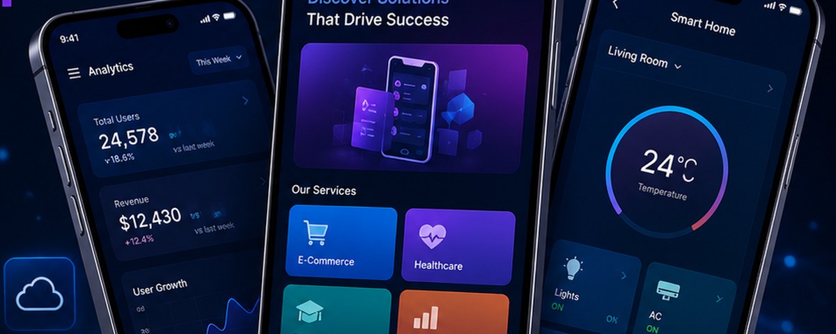Three mobile app screens showing analytics, services, and smart home control