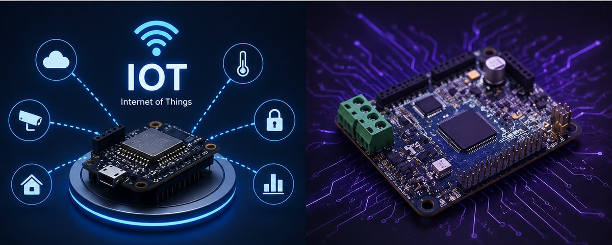 IoT module with connected-device icons and an embedded circuit board