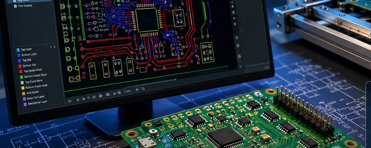 PCB layout software on a monitor next to a finished circuit board